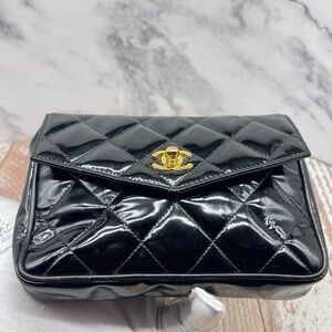 CHANEL Glossy Black Quilted Clutch Patent waist Pouch with 24K Gold Accent belt